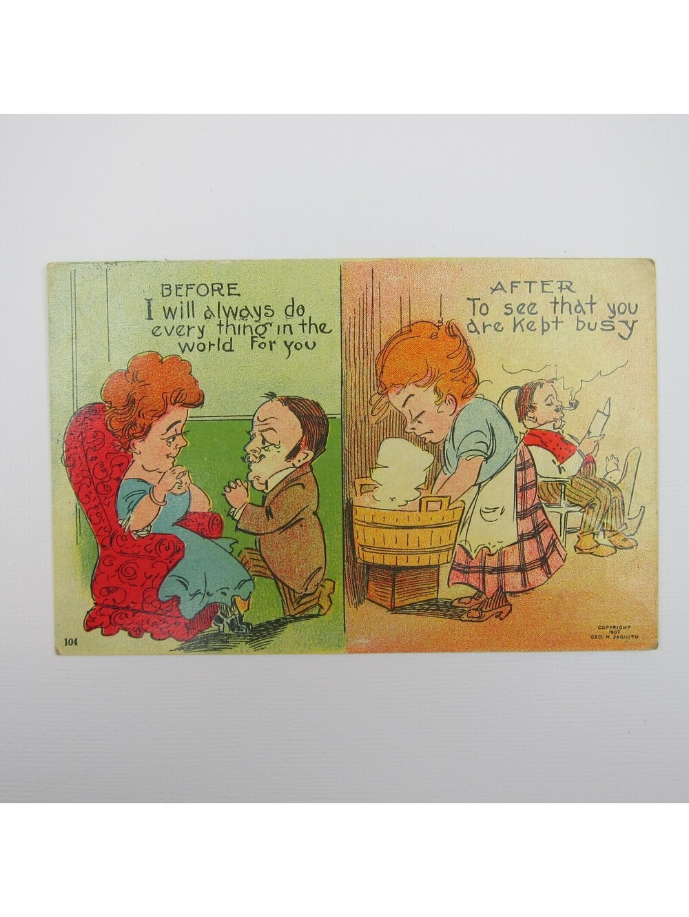 Postcard Comic Marriage Before & After Big Head Husband Wife Busy Antique 1908